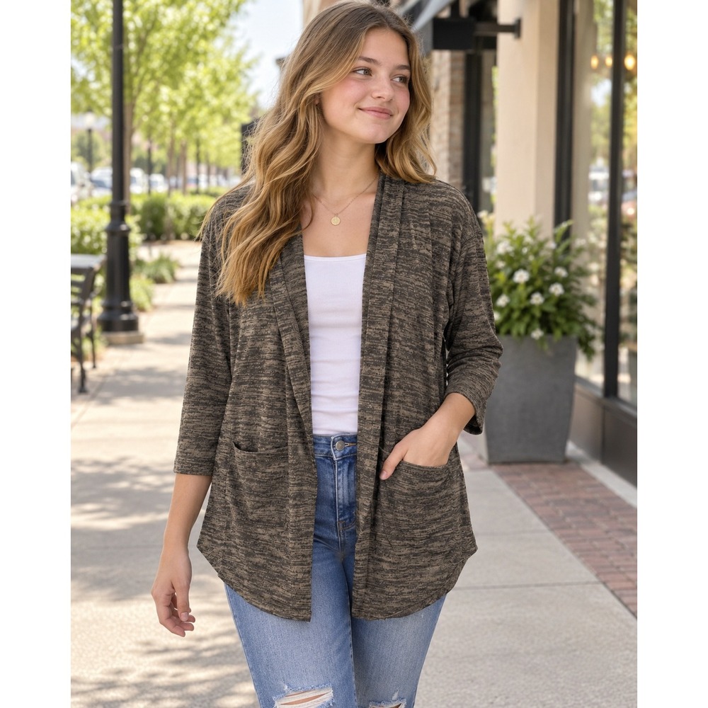 Soprano Girls XL 16 Olive Green Marl Hooded Open Front Cardigan Pockets 52740PWH
